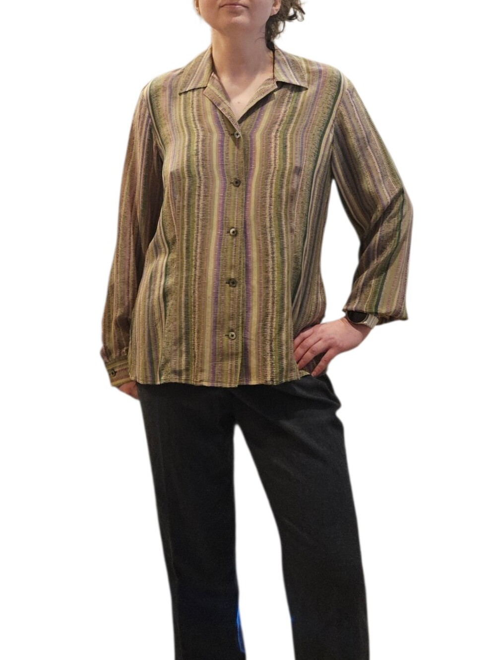 Vintage Coldwater Creek 100% Silk Striped Blouse Size M Earthy Boho Y2K